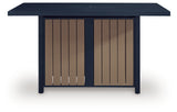 East Beach Outdoor Fire Pit Bar Table and 4 Barstools in Navy Blue/Driftwood from Ashley - Luna Furniture