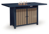 East Beach Outdoor Fire Pit Bar Table and 4 Barstools in Navy Blue/Driftwood from Ashley - Luna Furniture
