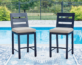 East Beach Outdoor Fire Pit Bar Table and 4 Barstools in Navy Blue/Driftwood from Ashley - Luna Furniture