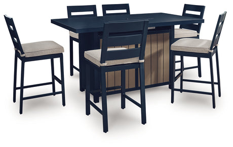 East Beach Outdoor Fire Pit Table and 6 Barstools in Navy Blue/Driftwood from Ashley - Luna Furniture