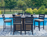 East Beach Outdoor Fire Pit Table and 6 Barstools in Navy Blue/Driftwood from Ashley - Luna Furniture