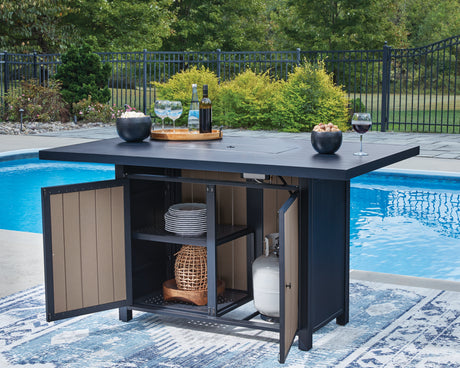 East Beach Outdoor Fire Pit Table and 6 Barstools in Navy Blue/Driftwood from Ashley - Luna Furniture