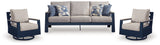 East Beach Outdoor Sofa with 2 Swivel Glider Chairs in Navy Blue/Driftwood from Ashley - Luna Furniture