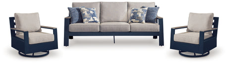 East Beach Outdoor Sofa with 2 Swivel Glider Chairs in Navy Blue/Driftwood from Ashley - Luna Furniture
