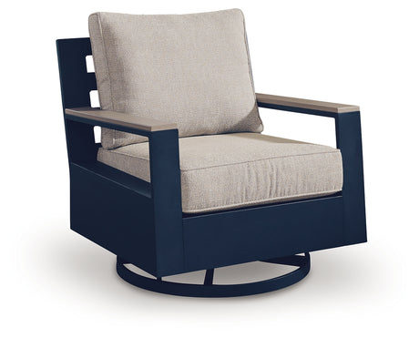 East Beach Outdoor Sofa with 2 Swivel Glider Chairs in Navy Blue/Driftwood from Ashley - Luna Furniture