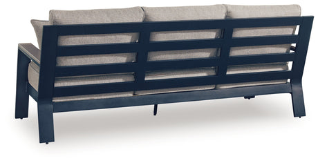 East Beach Outdoor Sofa with 2 Swivel Glider Chairs in Navy Blue/Driftwood from Ashley - Luna Furniture