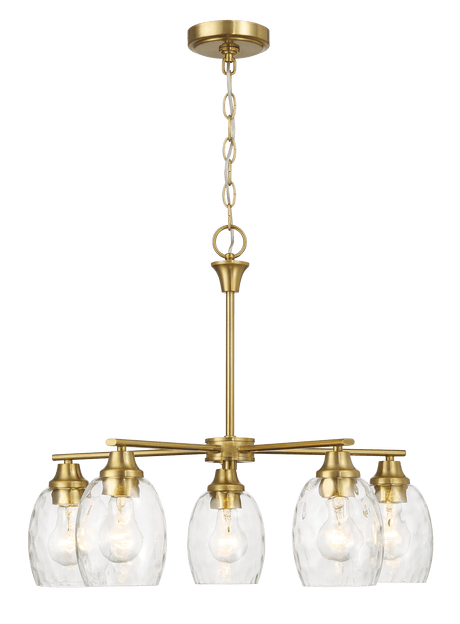 Elegance Five Lights Linear Arms with Golden Brass Finish Chain Chandelier 24"W × 8.5"H with Clear Water Glass from Midinmod - Luna Furniture