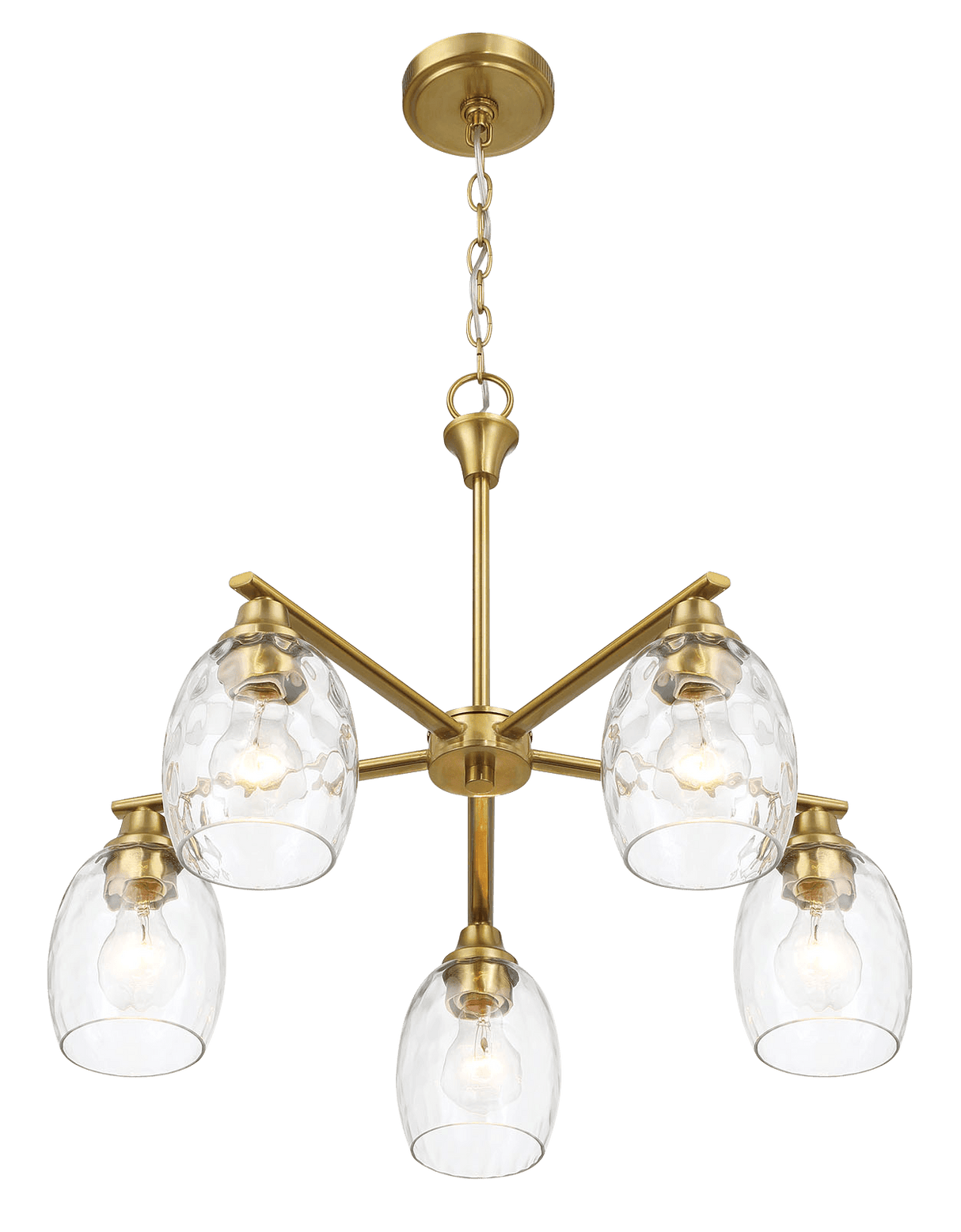 Elegance Five Lights Linear Arms with Golden Brass Finish Chain Chandelier 24"W × 8.5"H with Clear Water Glass from Midinmod - Luna Furniture