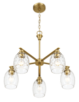 Elegance Five Lights Linear Arms with Golden Brass Finish Chain Chandelier 24"W × 8.5"H with Clear Water Glass from Midinmod - Luna Furniture