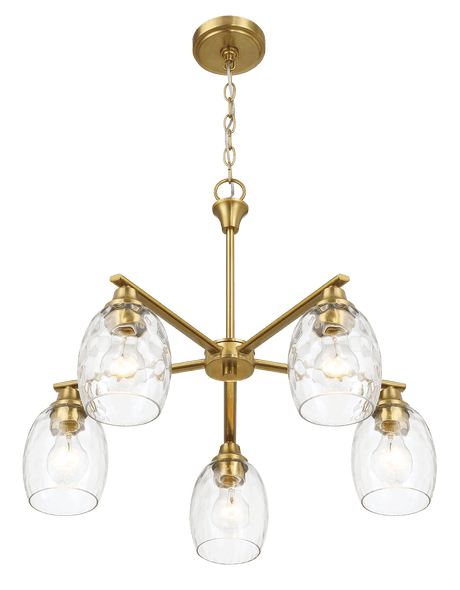 Elegance Five Lights Linear Arms with Golden Brass Finish Chain Chandelier 24"W × 8.5"H with Clear Water Glass from Midinmod - Luna Furniture