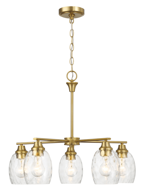 Elegance Five Lights Linear Arms with Golden Brass Finish Chain Chandelier 24"W × 8.5"H with Clear Water Glass from Ashcroft Furniture - Luna Furniture