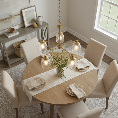 Elegance Five Lights Linear Arms with Golden Brass Finish Chain Chandelier 24"W × 8.5"H with Clear Water Glass from Ashcroft Furniture - Luna Furniture