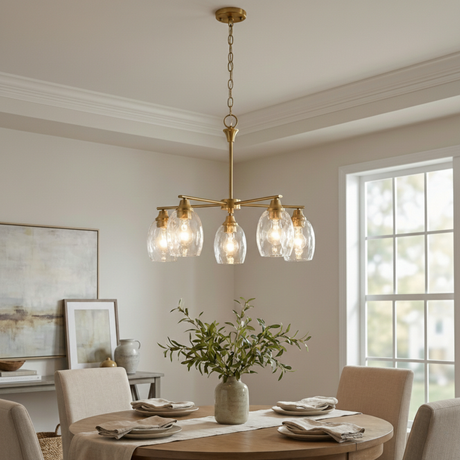 Elegance Five Lights Linear Arms with Golden Brass Finish Chain Chandelier 24"W × 8.5"H with Clear Water Glass from Ashcroft Furniture - Luna Furniture