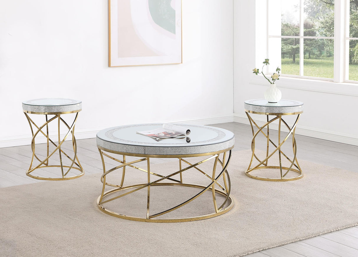 Elise Gold 3-Piece Round Mirror Top Coffee and End Table Set from Coaster - Luna Furniture