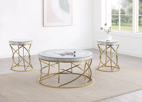 Elise Gold 3-Piece Round Mirror Top Coffee and End Table Set from Coaster - Luna Furniture