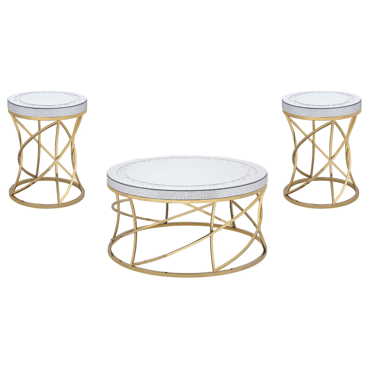 Elise Gold 3-Piece Round Mirror Top Coffee and End Table Set from Coaster - Luna Furniture