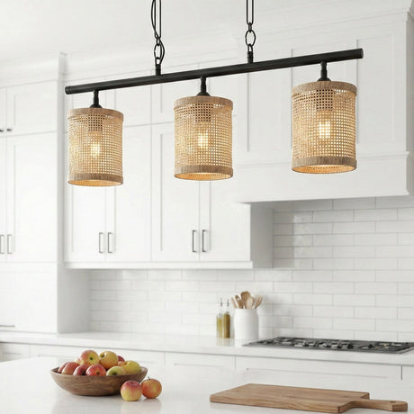 Elysian Three Lights Island With Natural Rattan Shade Farmhouse Chain Ceiling Lamp from Ashcroft Furniture - Luna Furniture