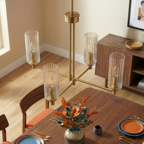 Enigma Four Lights Chandelier With Clear Ribbed Glass -Satin Brass from Ashcroft Furniture - Luna Furniture