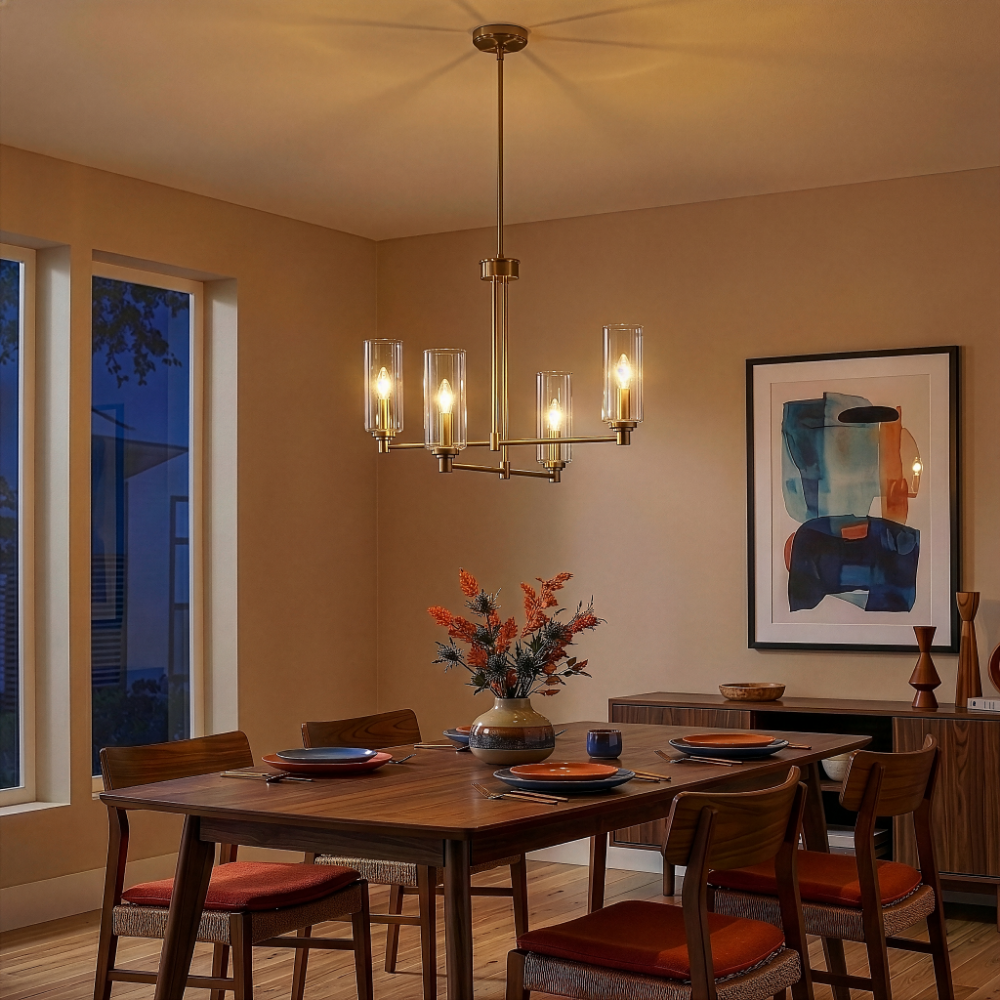 Enigma Four Lights Chandelier With Clear Ribbed Glass -Satin Brass from Ashcroft Furniture - Luna Furniture