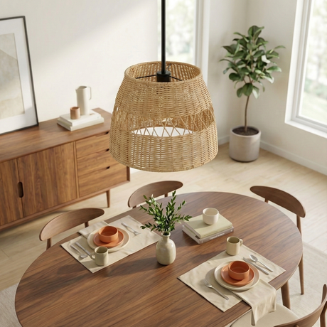 Essence Single Lights Pendant With Rattan Shade Black Metal Finish for Farmhouse Style from Ashcroft Furniture - Luna Furniture