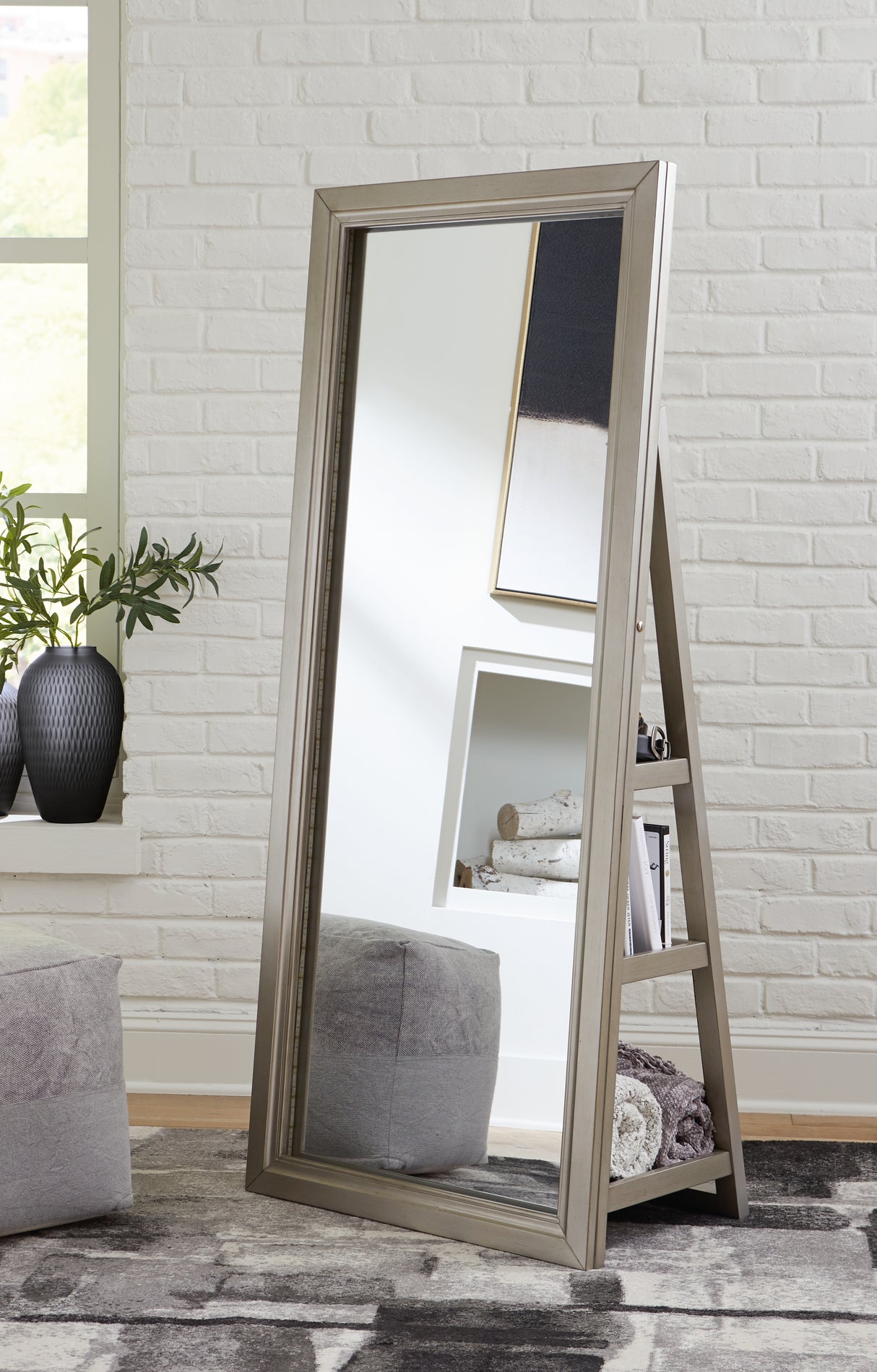 Evesen Champagne Floor Standing Mirror with Storage from Ashley - Luna Furniture
