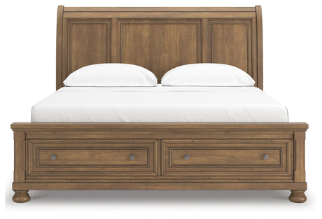 Feddinger California King Storage Sleigh Bed with Mirrored Dresser and Chest in Medium Brown from Ashley - Luna Furniture