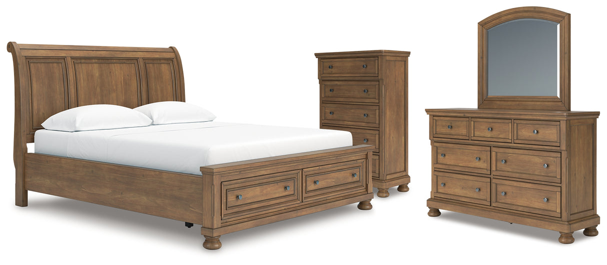 Feddinger California King Storage Sleigh Bed with Mirrored Dresser and Chest in Medium Brown from Ashley - Luna Furniture