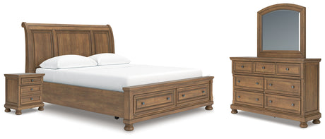 Feddinger California King Storage Sleigh Bed with Mirrored Dresser and Nightstand in Medium Brown from Ashley - Luna Furniture
