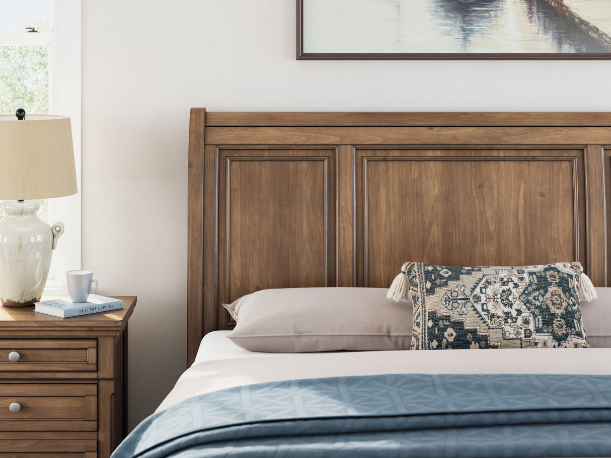 Feddinger California King Storage Sleigh Bed with Mirrored Dresser, Chest and Nightstand in Medium Brown from Ashley - Luna Furniture