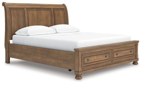 Feddinger California King Storage Sleigh Bed with Mirrored Dresser in Medium Brown from Ashley - Luna Furniture