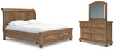 Feddinger California King Storage Sleigh Bed with Mirrored Dresser in Medium Brown from Ashley - Luna Furniture