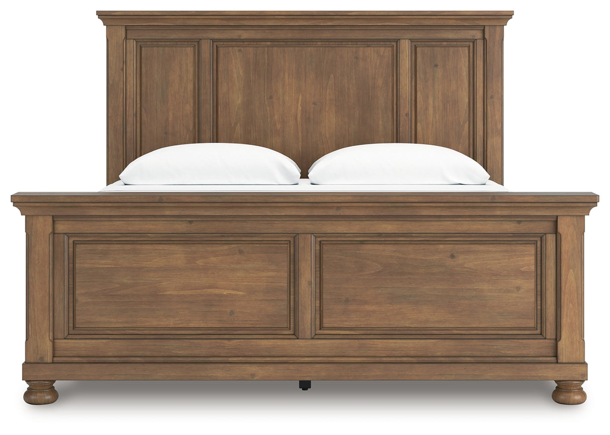 Feddinger King Panel Bed with Mirrored Dresser, Chest and 2 Nightstands in Medium Brown from Ashley - Luna Furniture