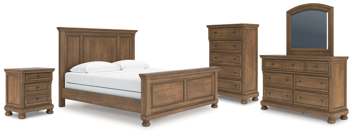 Feddinger King Panel Bed with Mirrored Dresser, Chest and Nightstand in Medium Brown from Ashley - Luna Furniture