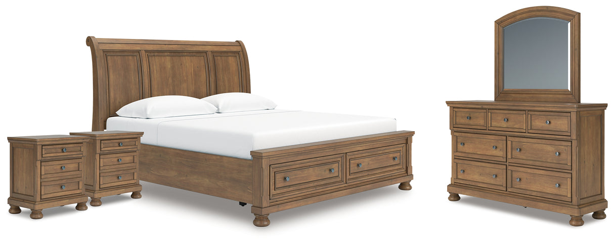 Feddinger King Storage Sleigh Bed with Mirrored Dresser and 2 Nightstands in Medium Brown from Ashley - Luna Furniture