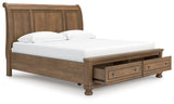 Feddinger King Storage Sleigh Bed with Mirrored Dresser and Chest in Medium Brown from Ashley - Luna Furniture