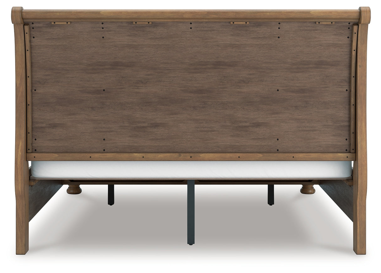 Feddinger King Storage Sleigh Bed with Mirrored Dresser and Chest in Medium Brown from Ashley - Luna Furniture