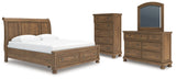 Feddinger King Storage Sleigh Bed with Mirrored Dresser and Chest in Medium Brown from Ashley - Luna Furniture