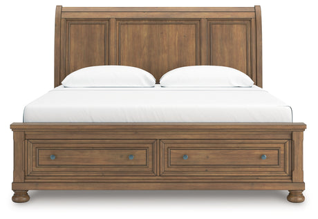 Feddinger King Storage Sleigh Bed with Mirrored Dresser and Chest in Medium Brown from Ashley - Luna Furniture
