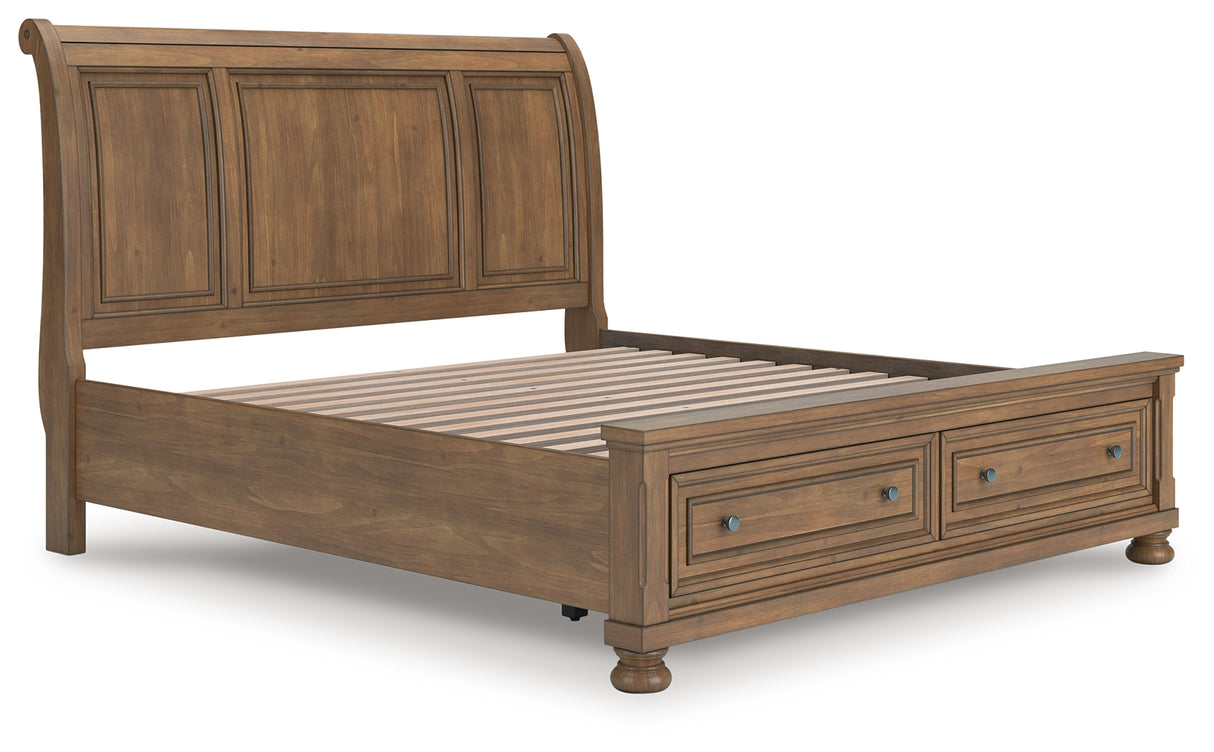 Feddinger King Storage Sleigh Bed with Mirrored Dresser and Nightstand in Medium Brown from Ashley - Luna Furniture