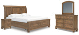 Feddinger King Storage Sleigh Bed with Mirrored Dresser and Nightstand in Medium Brown from Ashley - Luna Furniture