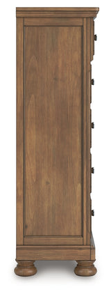 Feddinger King Storage Sleigh Bed with Mirrored Dresser, Chest and 2 Nightstands in Medium Brown from Ashley - Luna Furniture