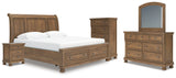Feddinger King Storage Sleigh Bed with Mirrored Dresser, Chest and Nightstand in Medium Brown from Ashley - Luna Furniture