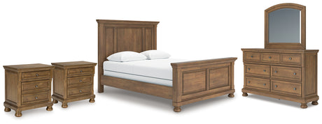 Feddinger Queen Panel Bed with Mirrored Dresser and 2 Nightstands in Medium Brown from Ashley - Luna Furniture