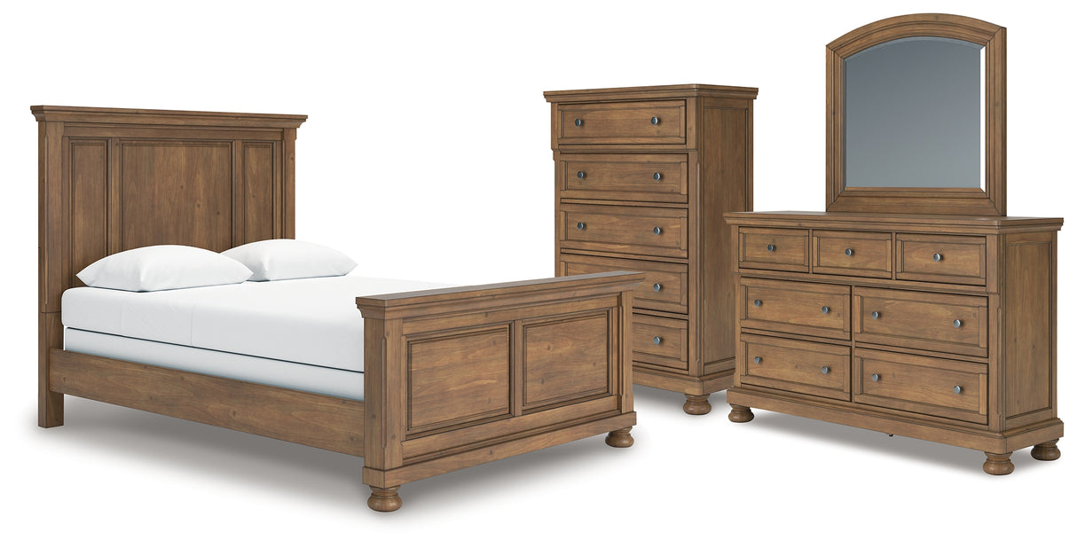 Feddinger Queen Panel Bed with Mirrored Dresser and Chest in Medium Brown from Ashley - Luna Furniture