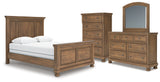 Feddinger Queen Panel Bed with Mirrored Dresser and Chest in Medium Brown from Ashley - Luna Furniture
