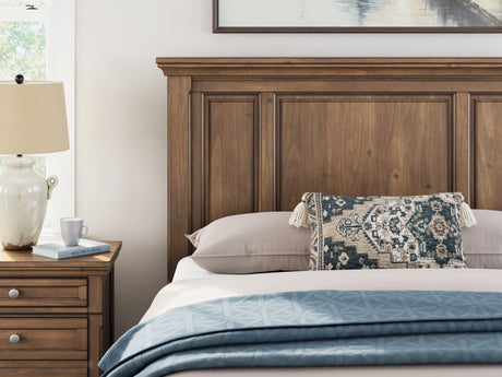 Feddinger Queen Panel Bed with Mirrored Dresser and Chest in Medium Brown from Ashley - Luna Furniture