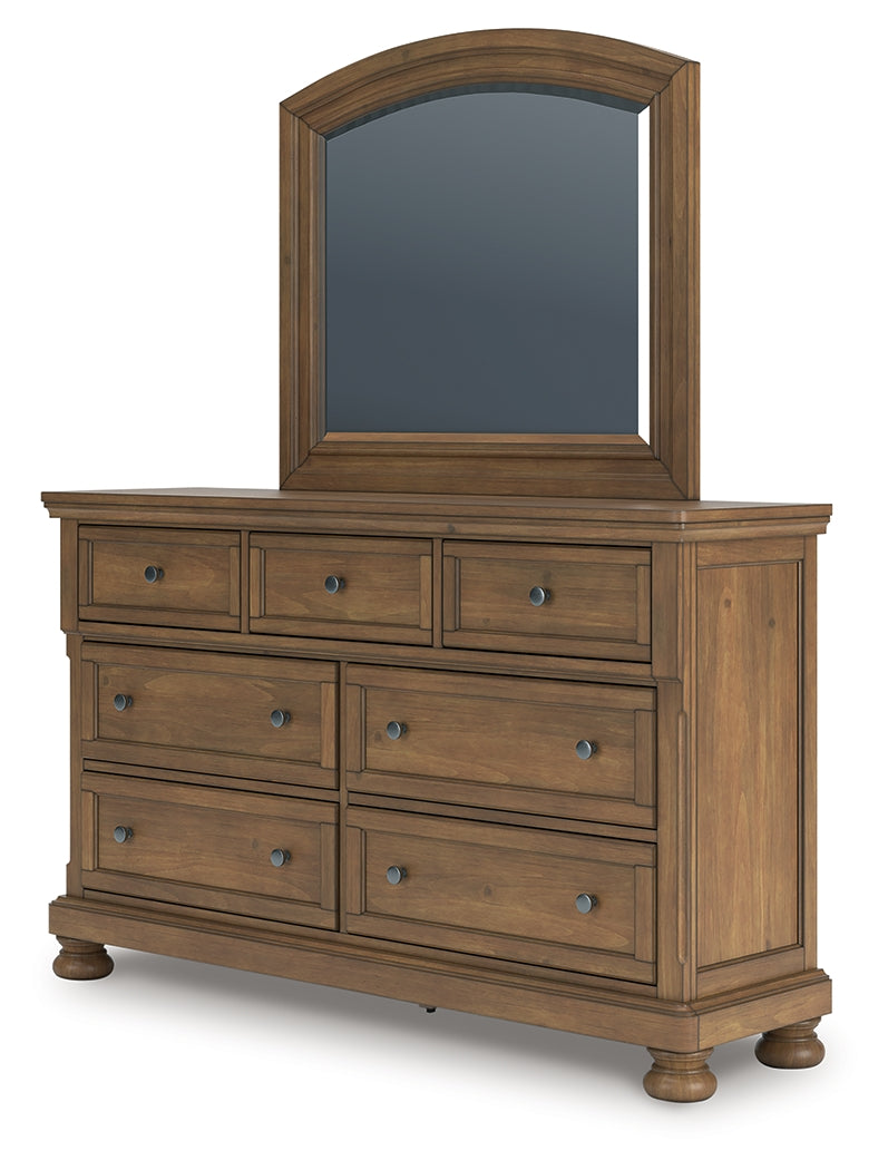 Feddinger Queen Panel Bed with Mirrored Dresser and Chest in Medium Brown from Ashley - Luna Furniture