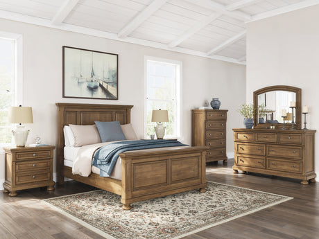 Feddinger Queen Panel Bed with Mirrored Dresser, Chest and 2 Nightstands in Medium Brown from Ashley - Luna Furniture