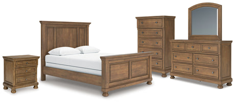 Feddinger Queen Panel Bed with Mirrored Dresser, Chest and Nightstand in Medium Brown from Ashley - Luna Furniture