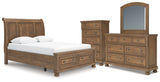 Feddinger Queen Storage Sleigh Bed with Mirrored Dresser and Chest in Medium Brown from Ashley - Luna Furniture